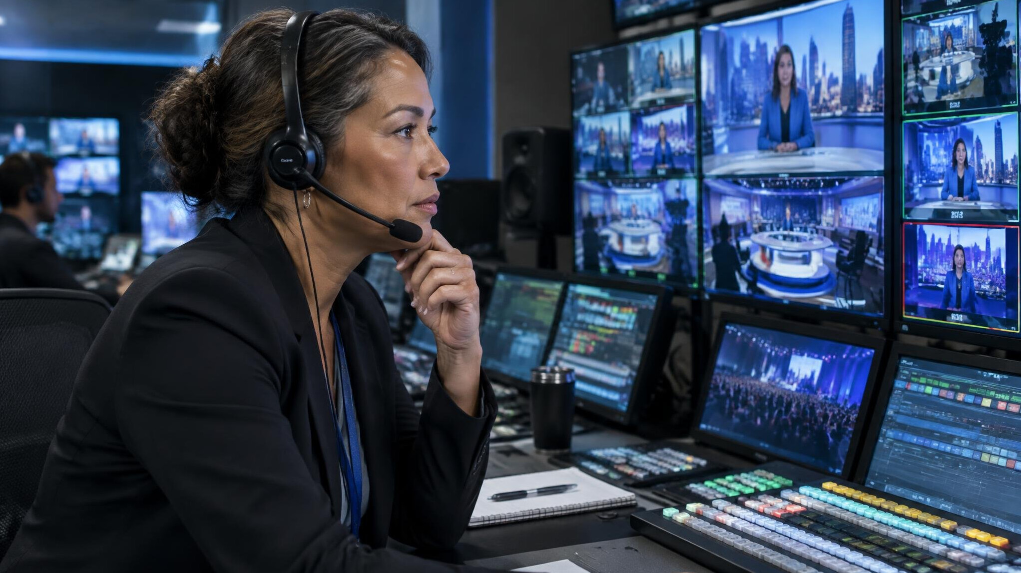 Director reviewing live broadcast monitors