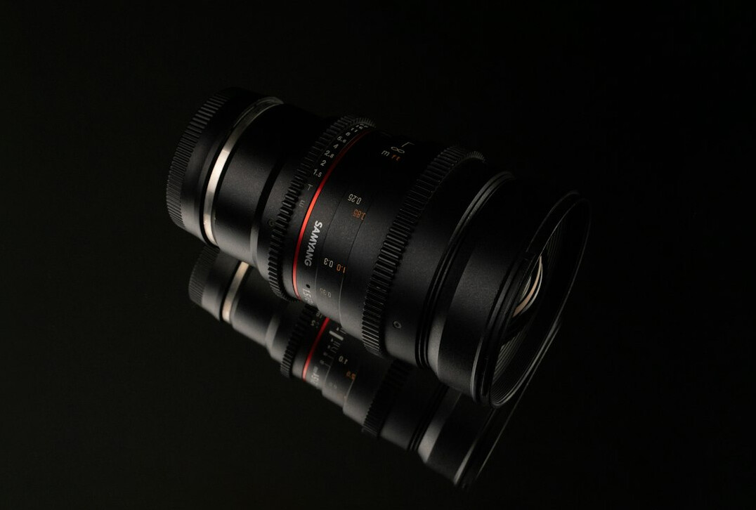 Broadcast camera lens close-up in studio