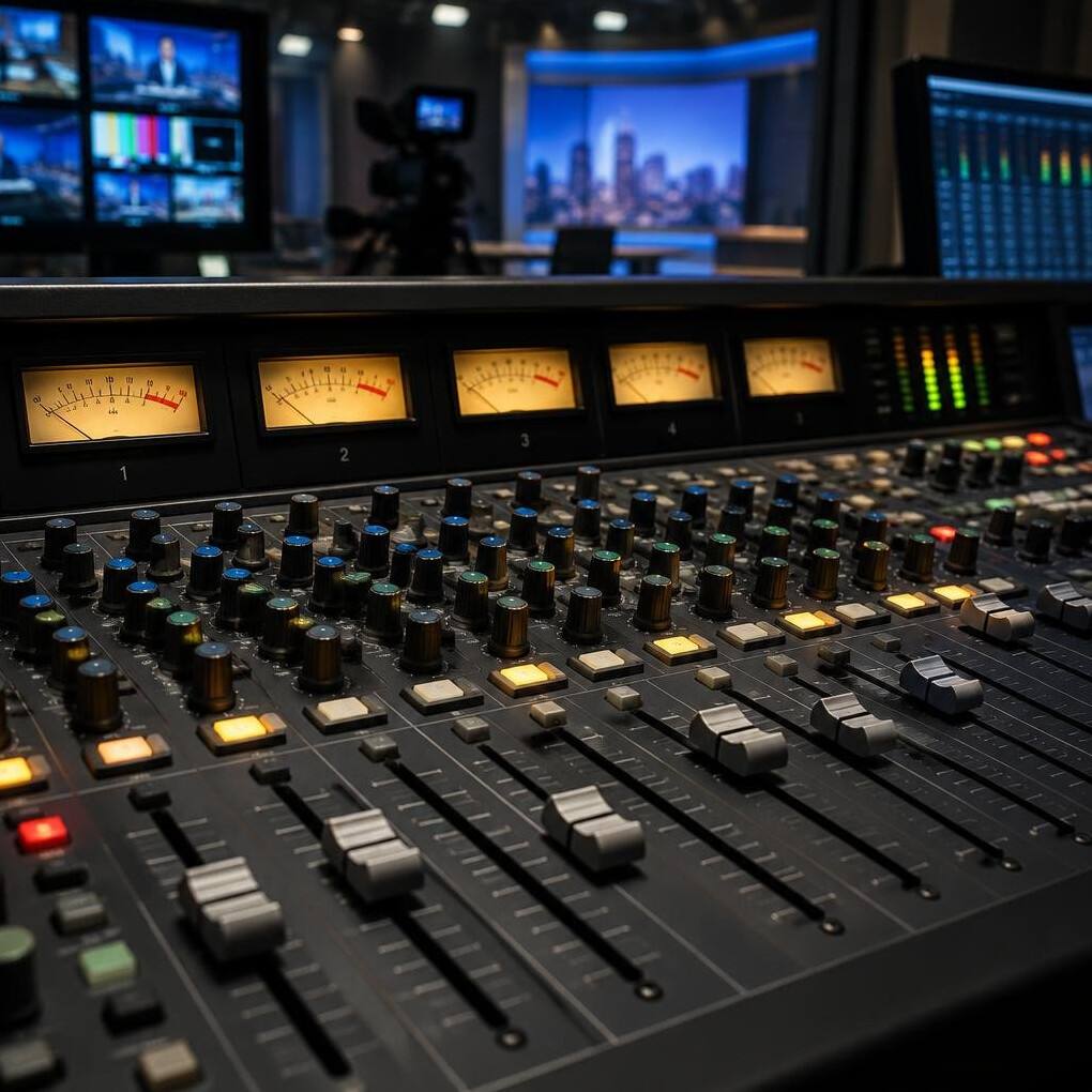 Audio mixing board with sliders and knobs
