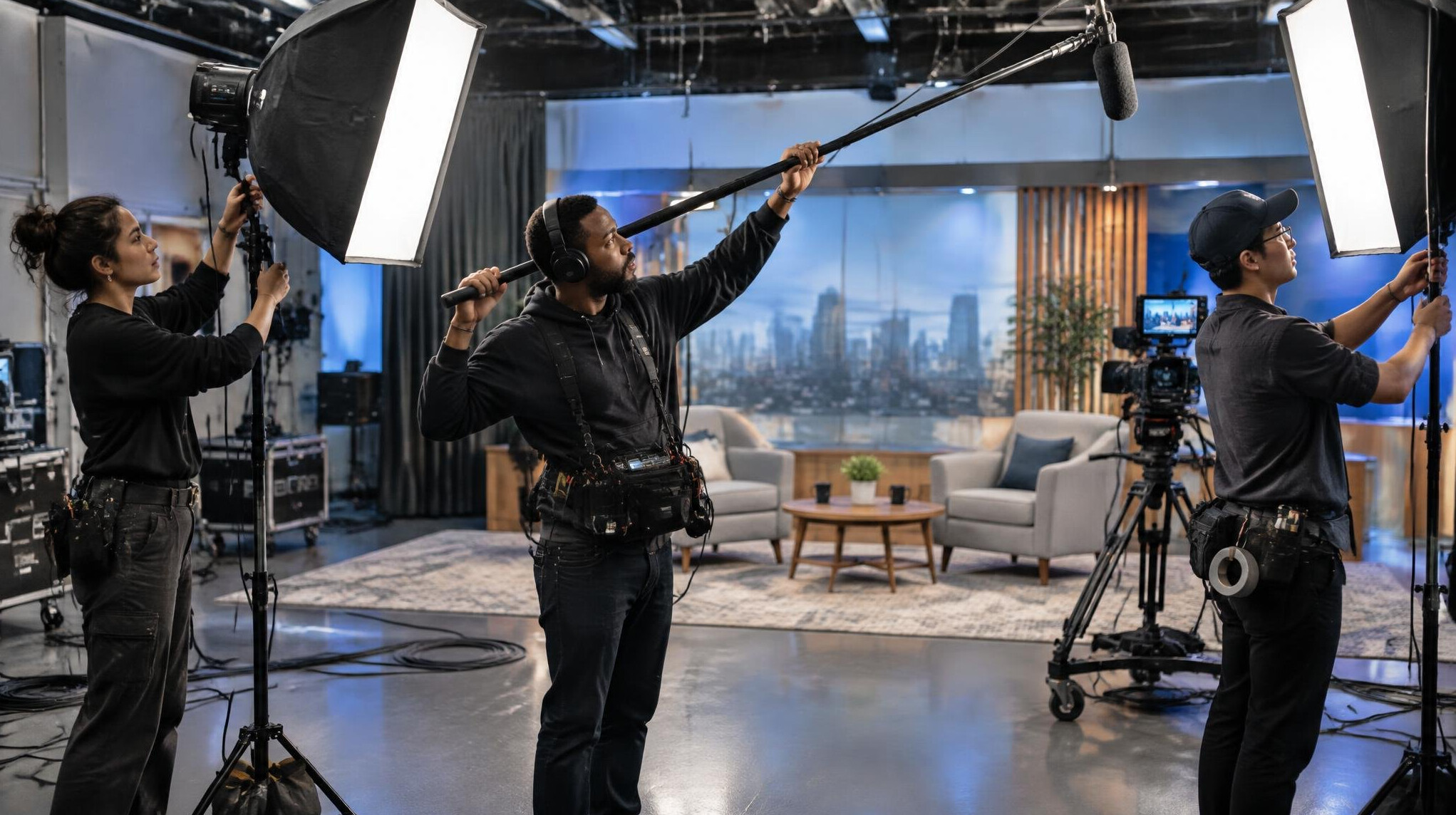 Film crew setting up studio lighting equipment